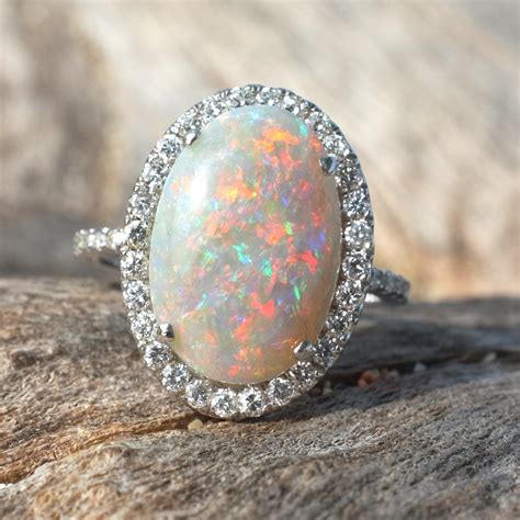 White Gold and Diamond Australian Opal Ring – Rock Angel