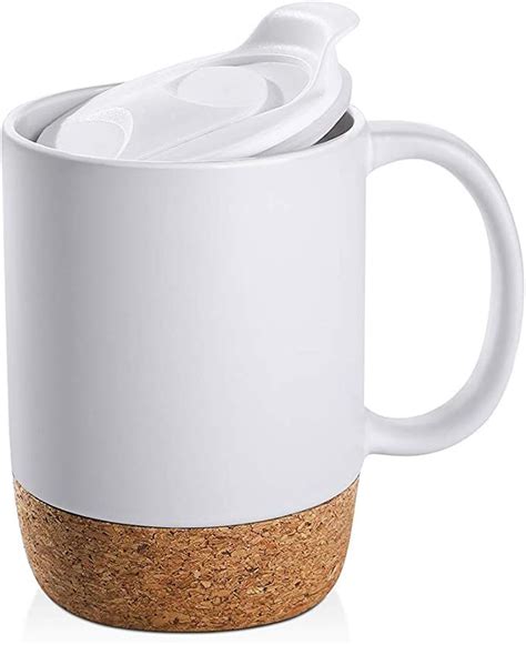DOWAN Coffee Mugs Set of 2, 15 OZ Ceramic Mug with Cork Bottom and Lid, Large Coffee Mug with ...