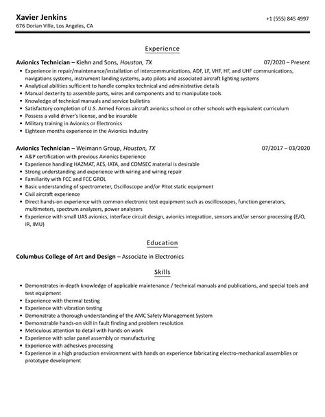 Avionics Technician Resume Samples | Velvet Jobs