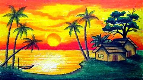 How to draw Scenery of Sunset with Oil Pastel.Step by step(easy draw) - YouTube