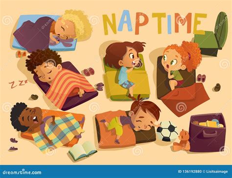 Nap Time in the Kindergarten. Group of Multiracial Girls and Boys Have a Nip Time at a Colorfill ...