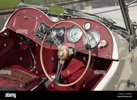 British veteran MG TC sports car red interior dashboard steering wheel Finchingfield Essex ...