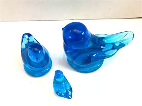 VINTAGE GLASS BLUE Bird of Happiness Family Figurines All 3 Signed Leo Ward 1991 $20.00 - PicClick