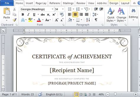 Certificate Of Achievement Template For Word 2013