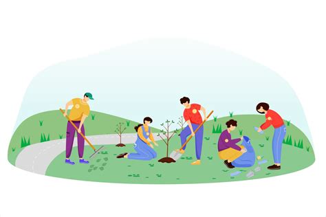 Community work day flat vector illustration. Volunteers, activists isolated cartoon characters ...