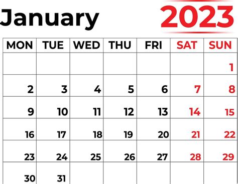 January 2023 monthly calendar with very clean look, week starts from ...