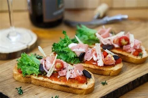 Tapas with Crusty Bread - Selection of Spanish Tapas Served on Baguette. Stock Image - Image of ...