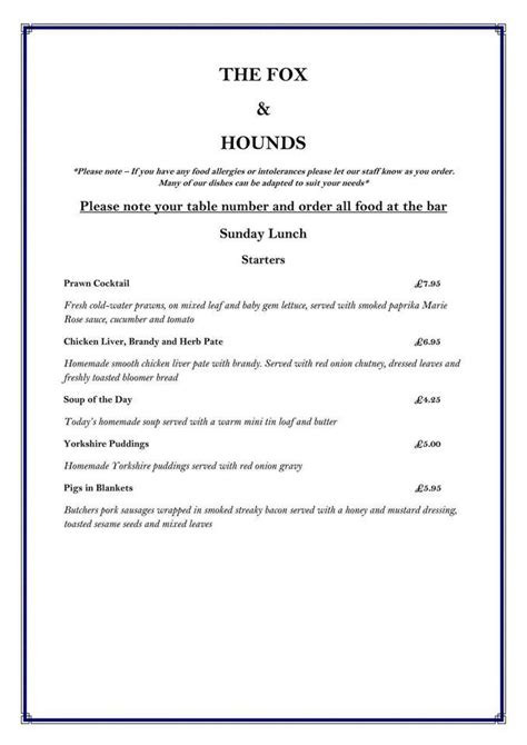 Menu at The Fox and Hounds restaurant, Pontefract, Doncaster Road