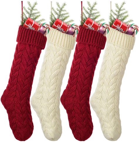 Coolmade 4 Pcs Large Size Cable Knit Knitted Xmas Stockings, Red ...