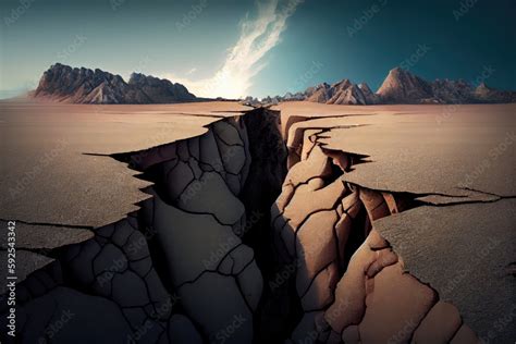 two large cracks in earth formed after aftermath earthquake, created with generative ai Stock ...