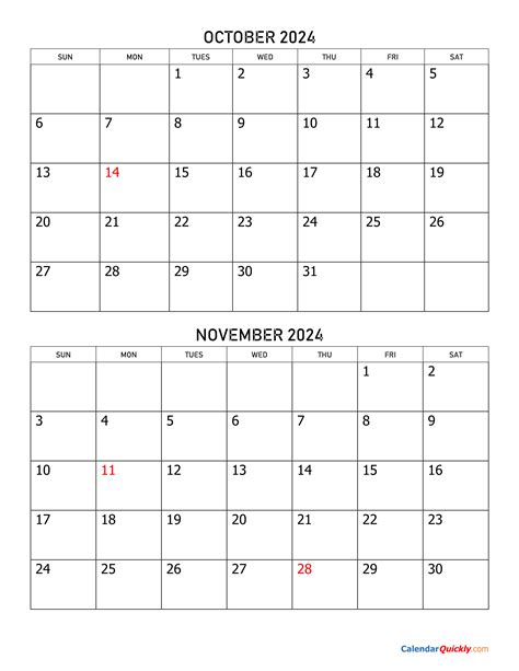 October And November 2024 Calendar With Notes In English - Gerty Juliann