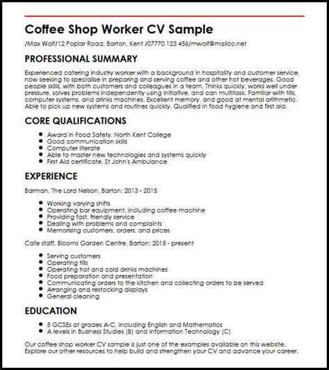 Coffee Shop Worker CV Sample | MyperfectCV