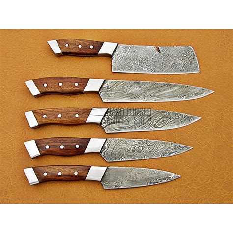 Walnut Wood Handle, Handmade Damascus Kitchen Chef Knife Set, 5 PIECE CHEF SET