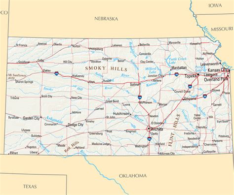 Large highways map of Kansas state with relief and major cities ...