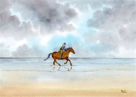 Original watercolour painting, horse rider on stormy beach, A4 size watercolor, original art ...