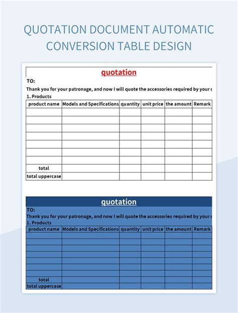 Quotation Document Automatic Conversion Table Design Excel Template And Google Sheets File For ...