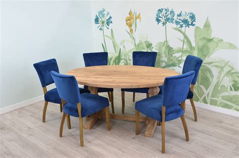 6 Seater Dining Set | 1.6m Oval Reclaimed Teak Dining Table with 6 Royal Blue Lucca Velvet ...
