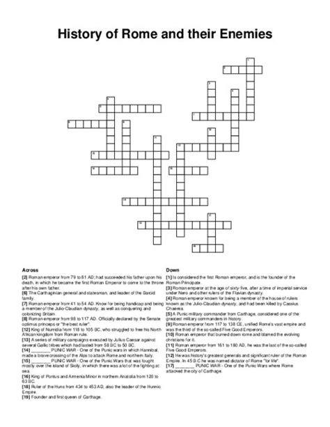 History of Rome and their Enemies Crossword Puzzle