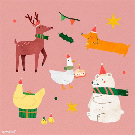 Download premium vector of Cute Christmas animals element set vector | Christmas animals, Animal ...