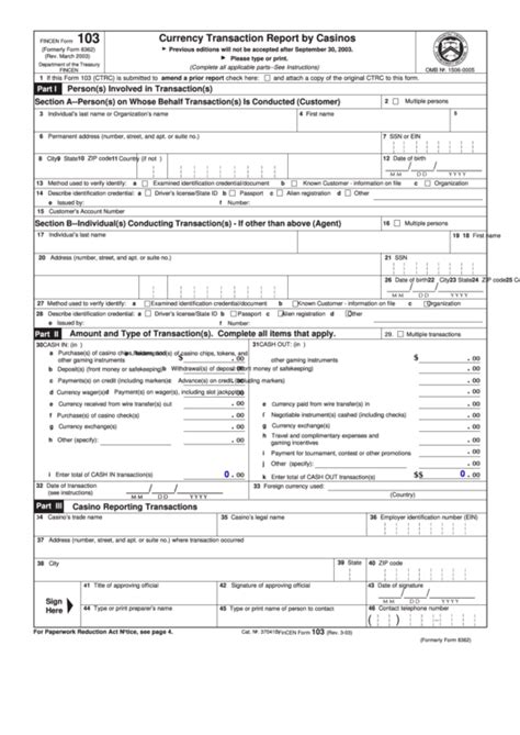 Fillable Fincen Form 103 - Currency Transaction Report By Casinos ...