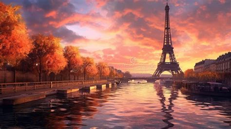 Paris Eiffel Tower and River Seine at Sunset in Paris, France Stock ...
