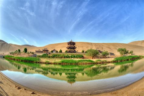 dunes, hills, China, reflection, nature, trees, Asian architecture, oasis, lake, sand, pagoda ...