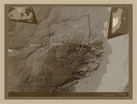 Cayo, Belize. Sepia. Labelled Points of Cities Stock Illustration ...