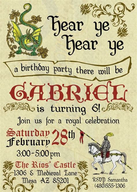 Printable Renaissance Birthday Invitation / Dragon and Knight Medeival Birthday Invite | Knight ...