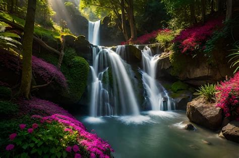 Premium AI Image | tranquil waterfall paradise surrounded by verdant ...