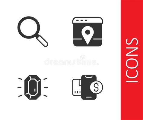 Set Mobile with Dollar, Magnifying Glass, Diamond and Infographic of City Map Icon. Vector Stock ...