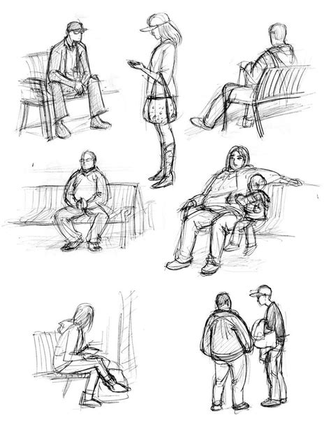 sketches of people sitting on benches and talking