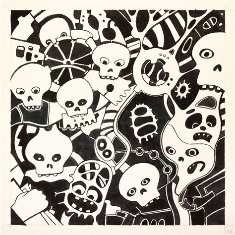 Skulls and Biomorphic Shapes, Art Print, Cartioon, Black & White, the ...