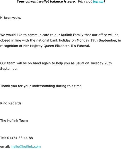 Kuflink: —, Her Majesty Queen Elizabeth II's Funeral - Office will be closed. | Milled