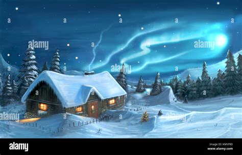 Tiny house in a winter night forest hand painting, winter pines ...