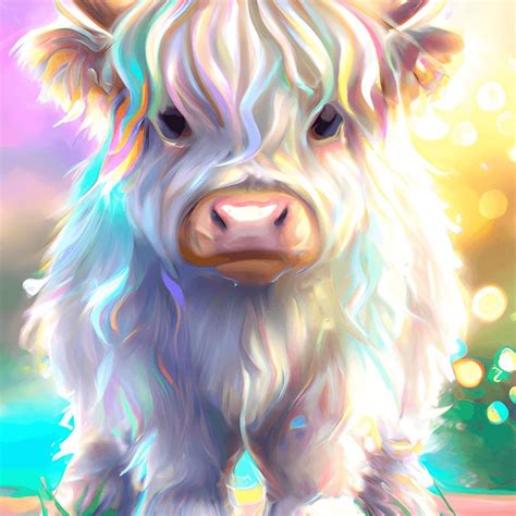 Fluffy Ivory Highland Cow with Glowing Iridescent Horns · Creative ...