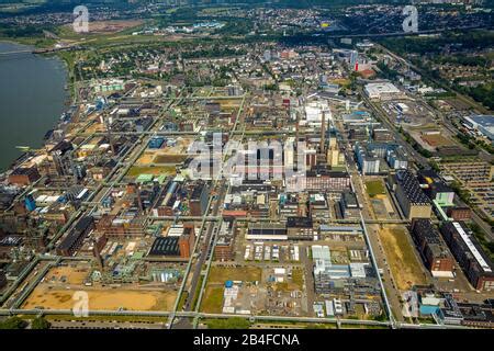 Aerial view, Bayer Leverkusen, Chempark Leverkusen in the Rhine river ...