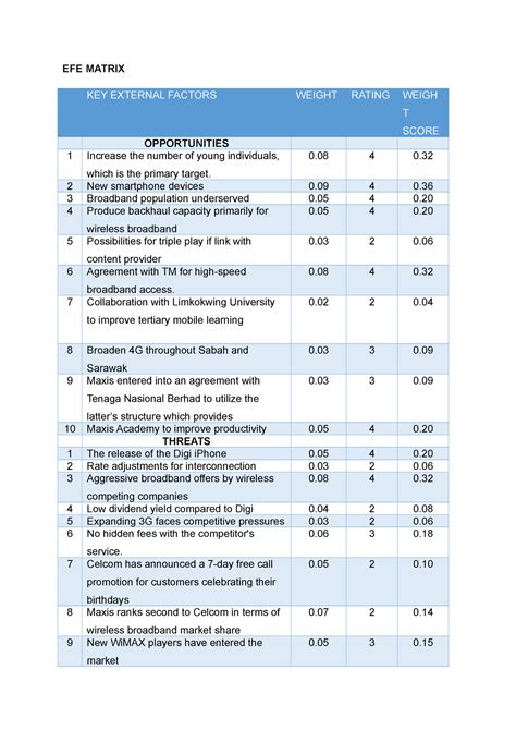 EFE Matrix - easier for student to get lecture notes - EFE MATRIX KEY EXTERNAL FACTORS WEIGHT ...