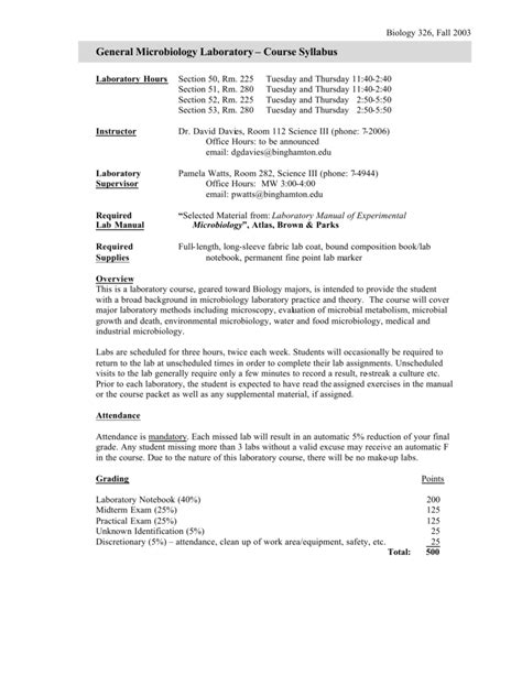 General Microbiology Laboratory – Course Syllabus