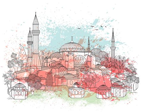 Premium Vector | Hagia Sophia domes and minarets in the old city of Istanbul Landmark of Turkey ...