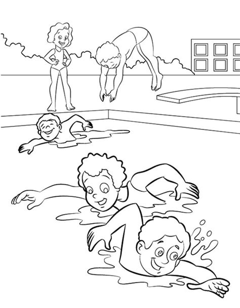 Four Kids Swimming in Swimming Pool coloring page - Download, Print or Color Online for Free