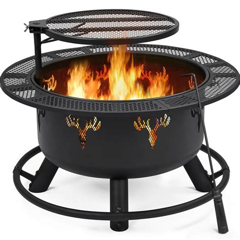 Yaheetech 32'' Round Wood Burning Fire Pit with 18.5'' Swivel Cooking Grill Grate & Poker for ...