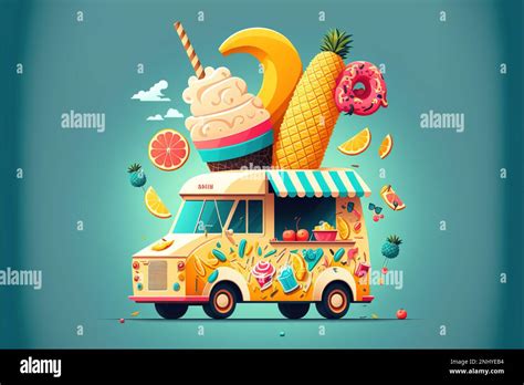 A food truck with a large ice cream sundae on top of it's roof colorful ...