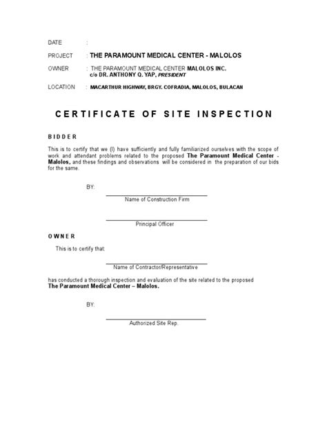 Certificate of Site Inspection | PDF