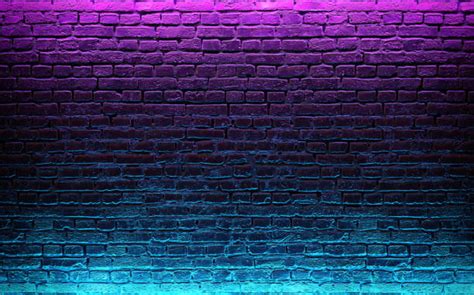 Modern futuristic neon lights on old grunge brick wall room... | Fundo de parede de tijolo ...