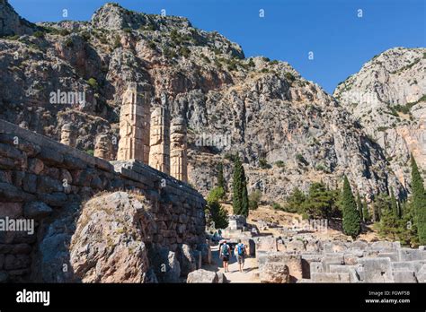 Ancient Delphi, Phocis, Greece. Remains of the Temple of Apollo. Today's visible ruins date from ...