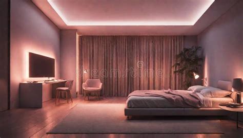 A Modern Bedroom with Neon Lights Casting a Soft Glow on a Minimalist ...