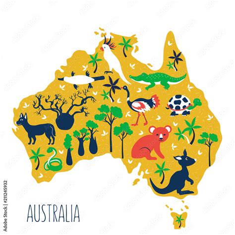 Australia cartoon travel map, vector colorful illustration, wild australian animals and trees ...