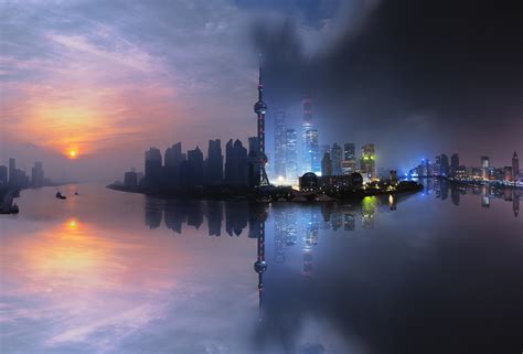 Shanghai Skyline day and night edited photo HD wallpaper | Wallpaper Flare