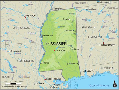 Geographical Map of Mississippi and Mississippi Geographical Maps