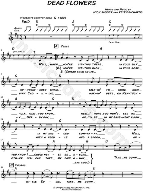 The Rolling Stones "Dead Flowers" Sheet Music (Leadsheet) in D Major ...